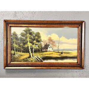 Vintage BRENNER ART Oil Painting Signed-Brenner, cabin scene